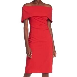 Marina Red Off the Shoulder Ruched Knee Length Short Sleeve Sheath Dress Holiday